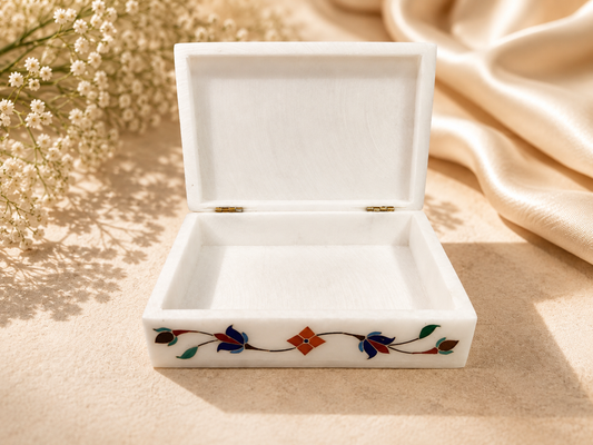 Large Handcrafted Alabaster Jewelry Box – 6×4 Multicolor Floral Inlay Keepsake Box
