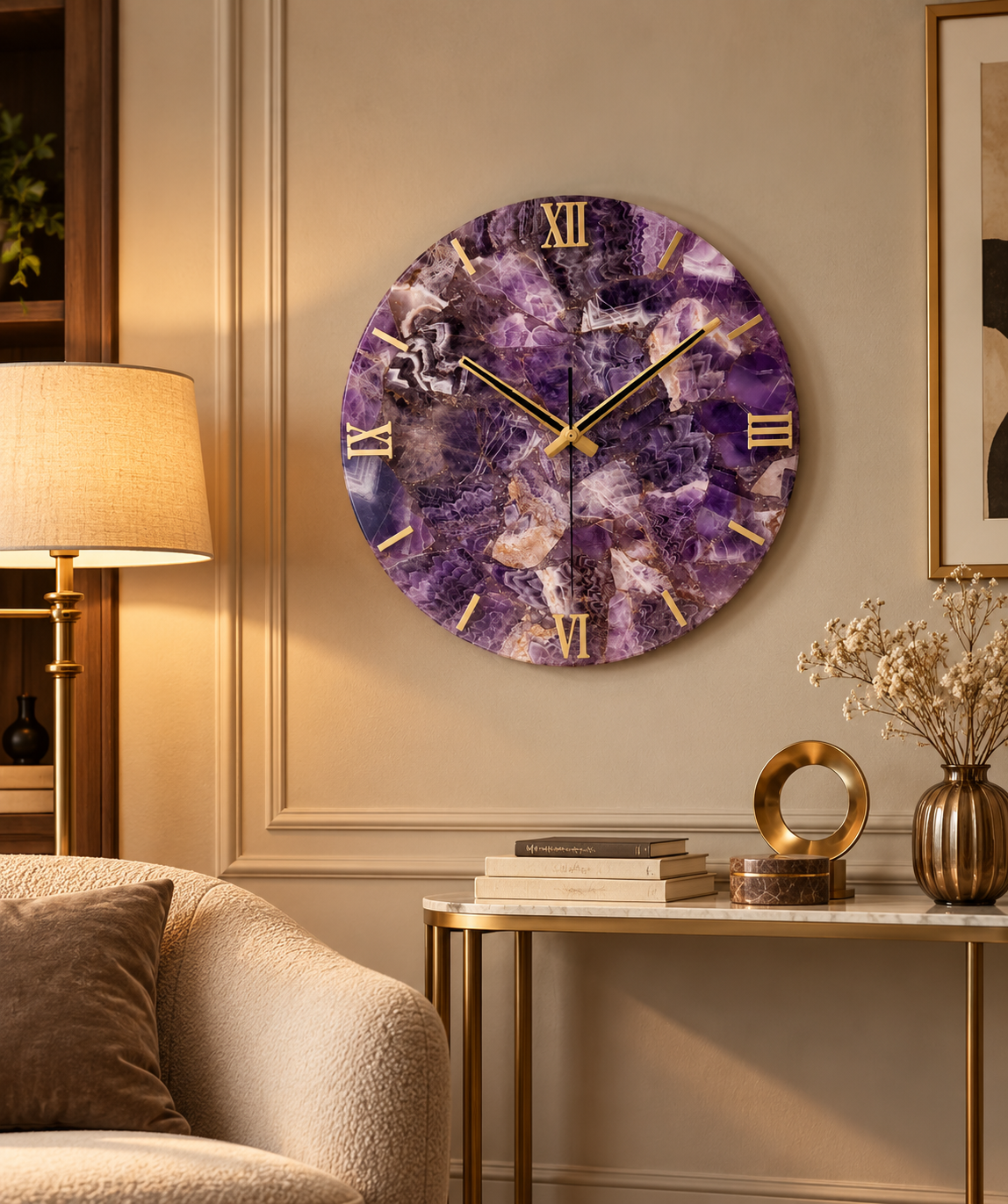 Handcrafted Amethyst Gemstone Wall Clock – 16 Inch Luxury Purple Natural Stone Wall Décor
