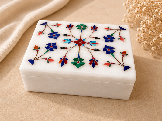 Handcrafted Alabaster Jewelry Box – Multicolor Floral Inlay Keepsake Box