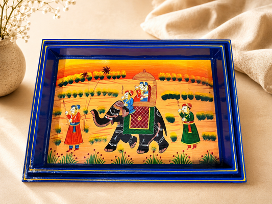 Hand-Painted Wooden Tray Set of 2 – Indian Camel & Elephant Art Serving Trays