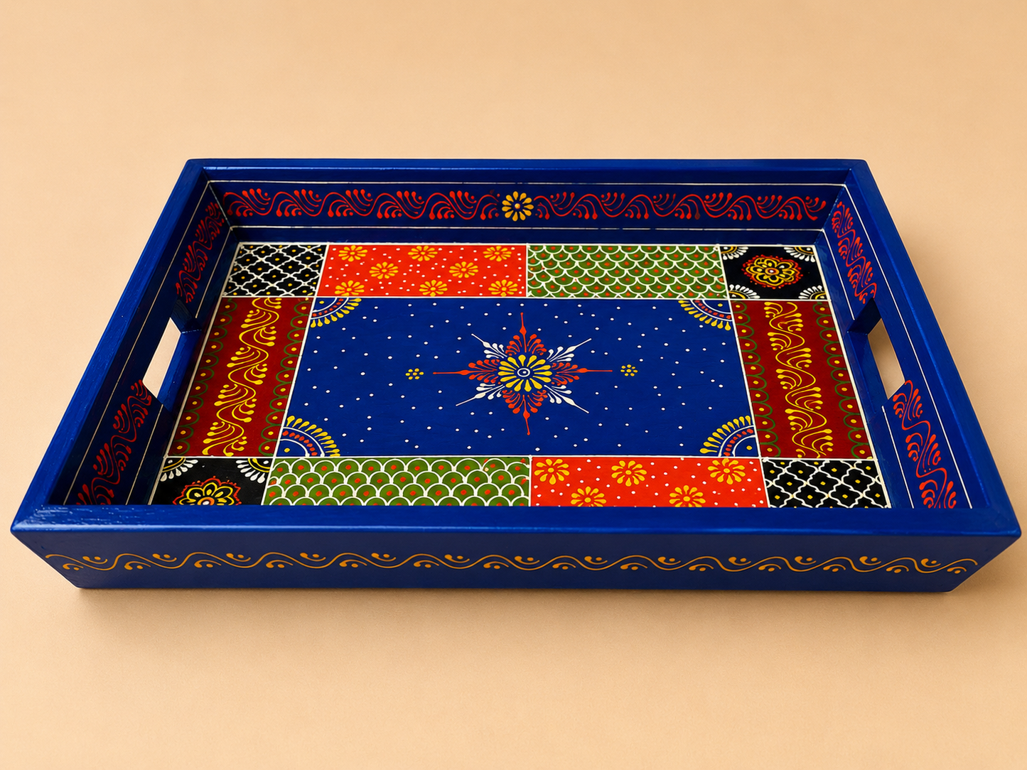 Hand-Painted Wooden Tray Set of 2 – Blue Patchwork Art Decorative Serving Trays