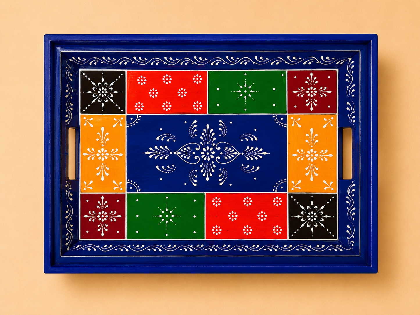 Hand-Painted Wooden Tray Set of 2 – Blue & Yellow Patchwork Serving Trays