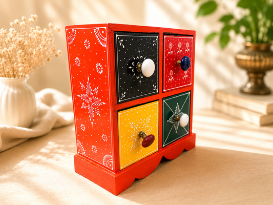 Hand-Painted Wooden 4-Drawer Jewelry Chest – Indian Folk Art Organizer