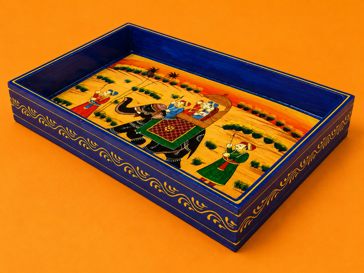 Hand-Painted Wooden Tray Set of 2 – Blue Elephant Procession Serving Trays