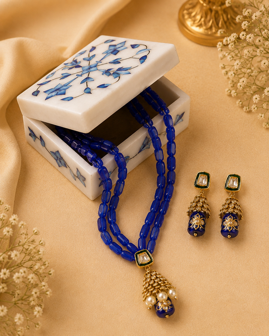 Alabaster Jewelry Box & Handmade Patwa Jewelry Gift Set – Royal Blue
