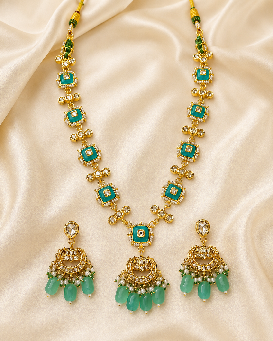 Aqua Green Kundan-Style Necklace Set with Pearl Drop Earrings