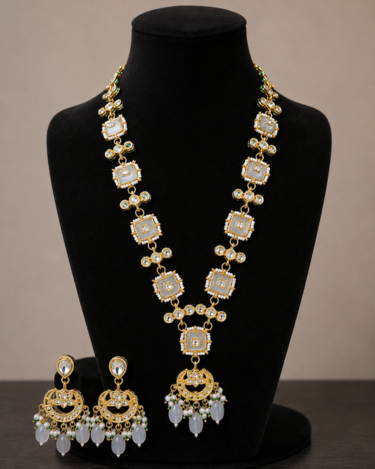 Ivory White Kundan-Style Necklace Set with Pearl Drop Earrings