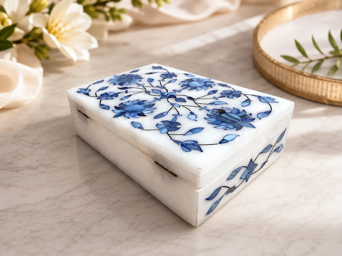 Large Handcrafted Alabaster Jewelry Box – 6×4 Blue Floral Inlay Keepsake Box