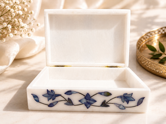 Large Handcrafted Alabaster Jewelry Box – 6×4 Blue Floral Inlay Keepsake Box