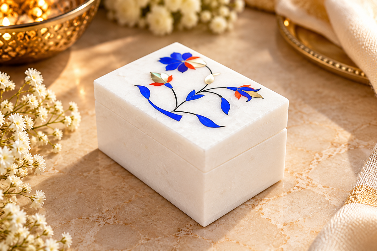 Handcrafted White Marble Jewelry Box – Blue Floral Inlay Mini Keepsake Box | 3 × 2 Inch