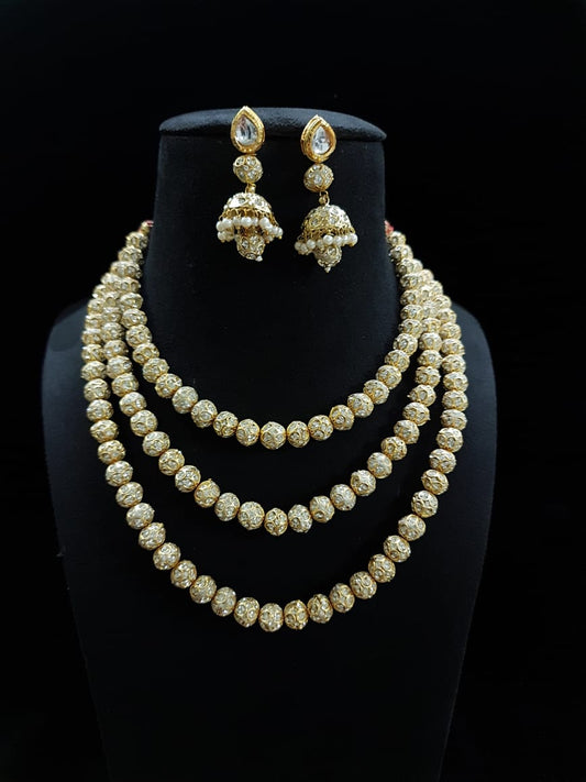 Handmade Kundan-Style Pearl Bead Jewelry Set – Necklace & Traditional Drop Earrings