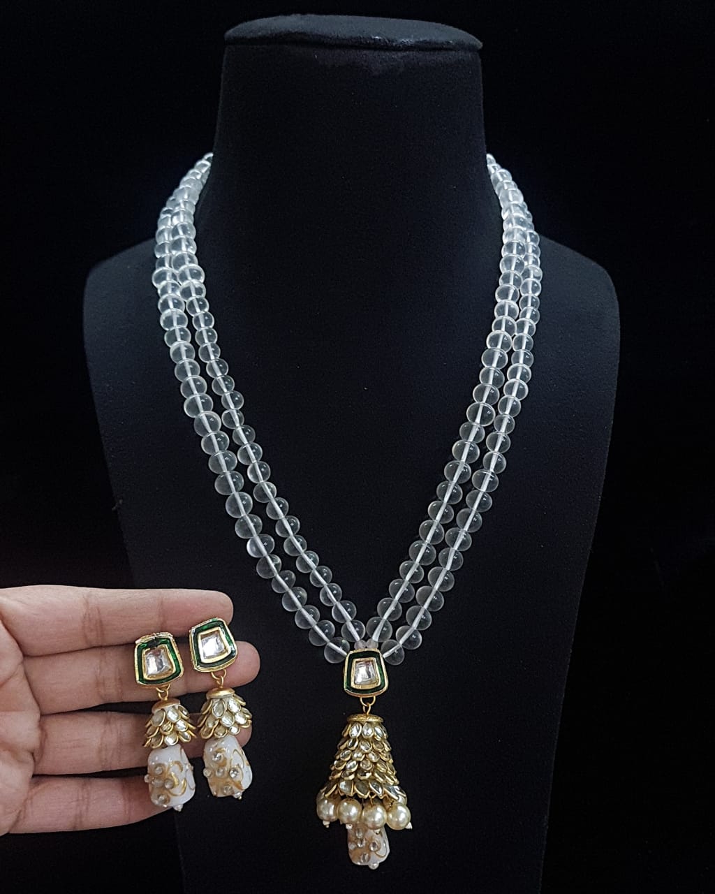 Handmade Patwa Stone Bead Jewelry Set – Indian Bell Pendant Necklace & Earrings