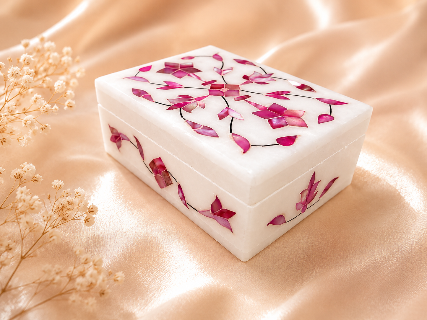 Alabaster Jewelry Box & Handmade Patwa Jewelry Gift Set – Pink