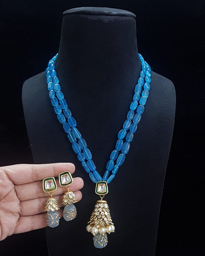 Handmade Patwa Stone Bead Jewelry Set – Indian Bell Pendant Necklace & Earrings