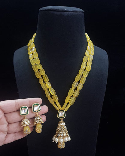 Handmade Patwa Stone Bead Jewelry Set – Indian Bell Pendant Necklace & Earrings