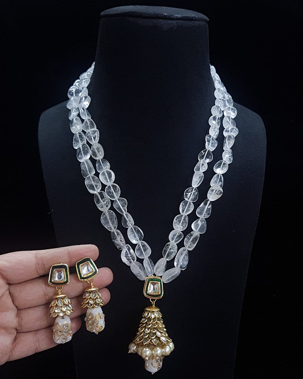 Handmade Patwa Stone Bead Jewelry Set – Indian Bell Pendant Necklace & Earrings