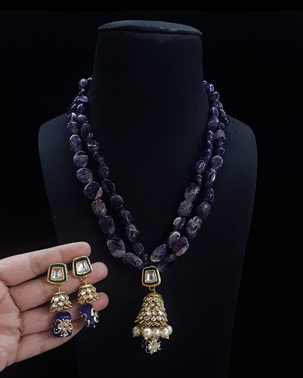 Handmade Patwa Stone Bead Jewelry Set – Indian Bell Pendant Necklace & Earrings