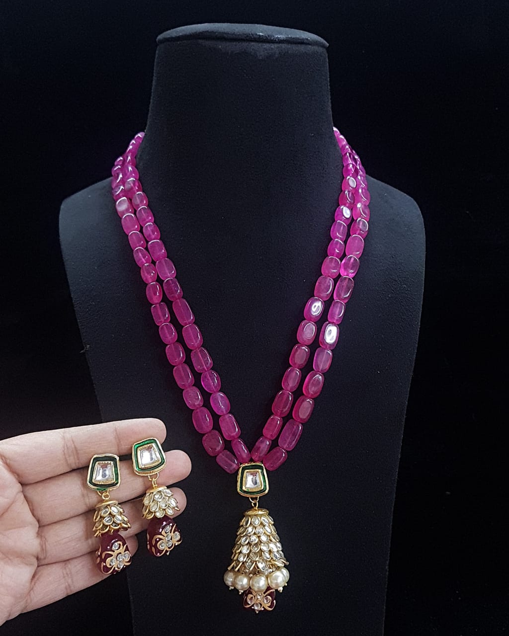 Handmade Patwa Stone Bead Jewelry Set – Indian Bell Pendant Necklace & Earrings
