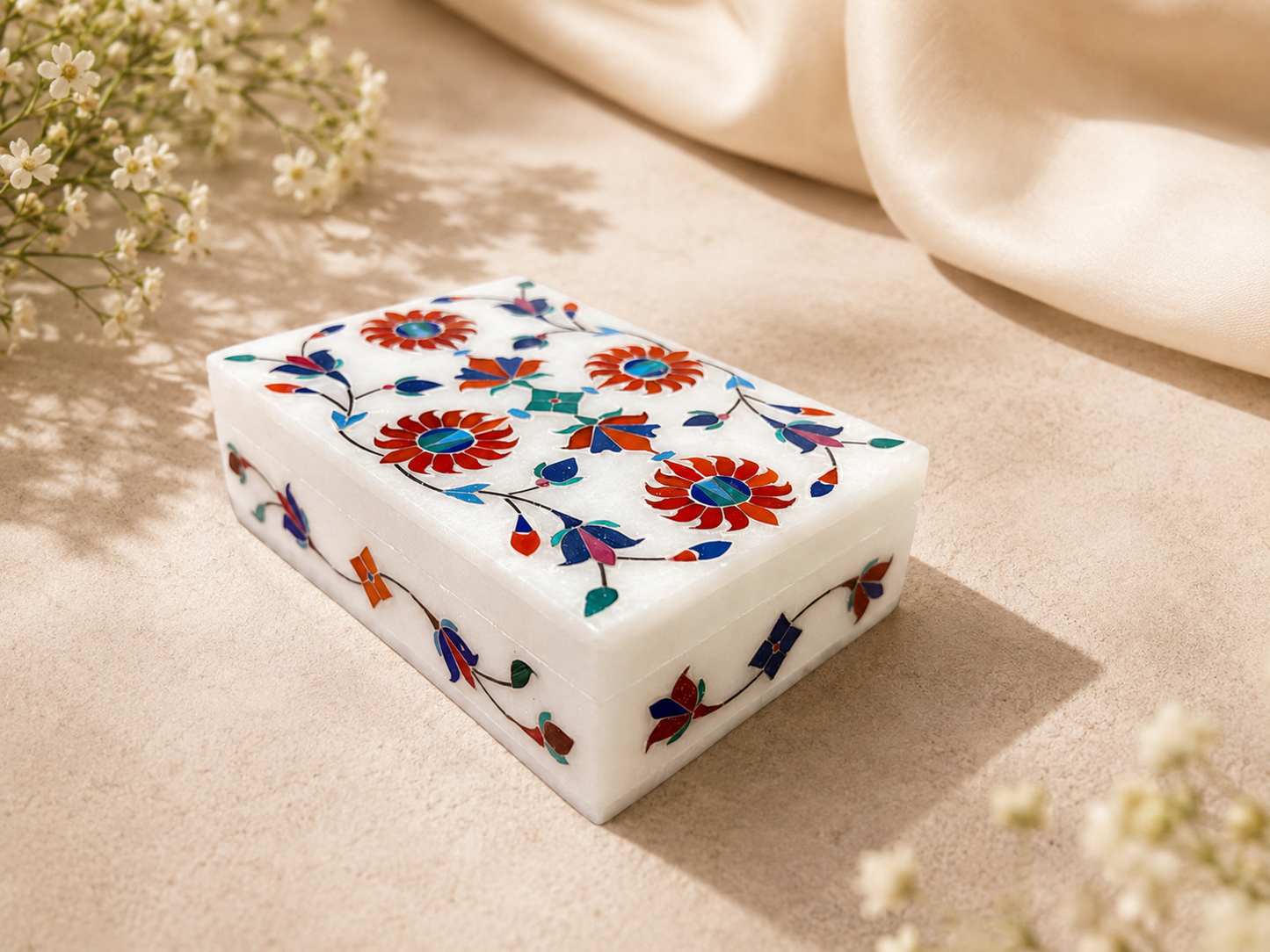 Large Handcrafted Alabaster Jewelry Box – 6×4 Multicolor Floral Inlay Keepsake Box