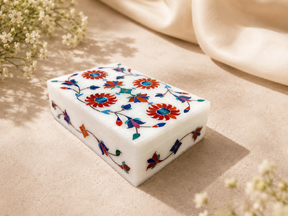 Large Handcrafted Alabaster Jewelry Box – 6×4 Multicolor Floral Inlay Keepsake Box