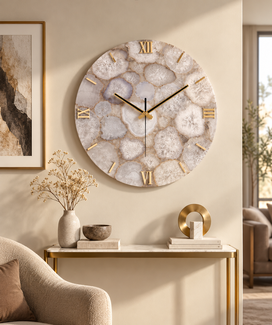 Handcrafted White Quartz Gemstone Wall Clock – 16 Inch Luxury Natural Stone Wall Décor