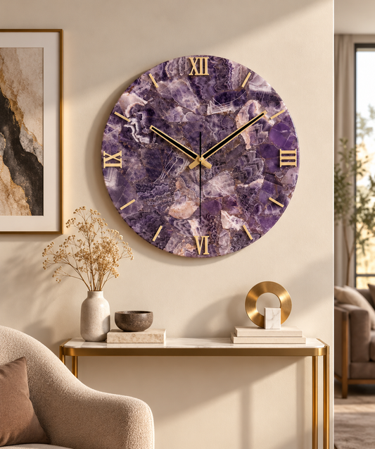 Handcrafted Amethyst Gemstone Wall Clock – 16 Inch Luxury Purple Natural Stone Wall Décor