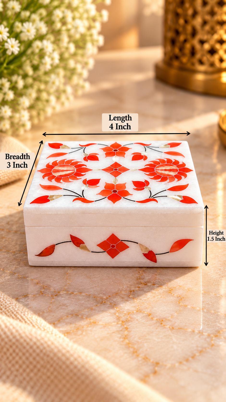 Handcrafted Alabaster Jewelry Box – 4x3 Inch, Floral Inlay, Natural Stone Keepsake Box