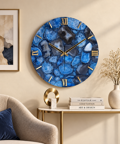 Handcrafted Blue Agate Gemstone Wall Clock – 16 Inch Luxury Natural Stone Wall Décor