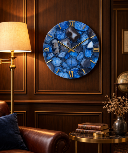 Handcrafted Blue Agate Gemstone Wall Clock – 16 Inch Luxury Natural Stone Wall Décor