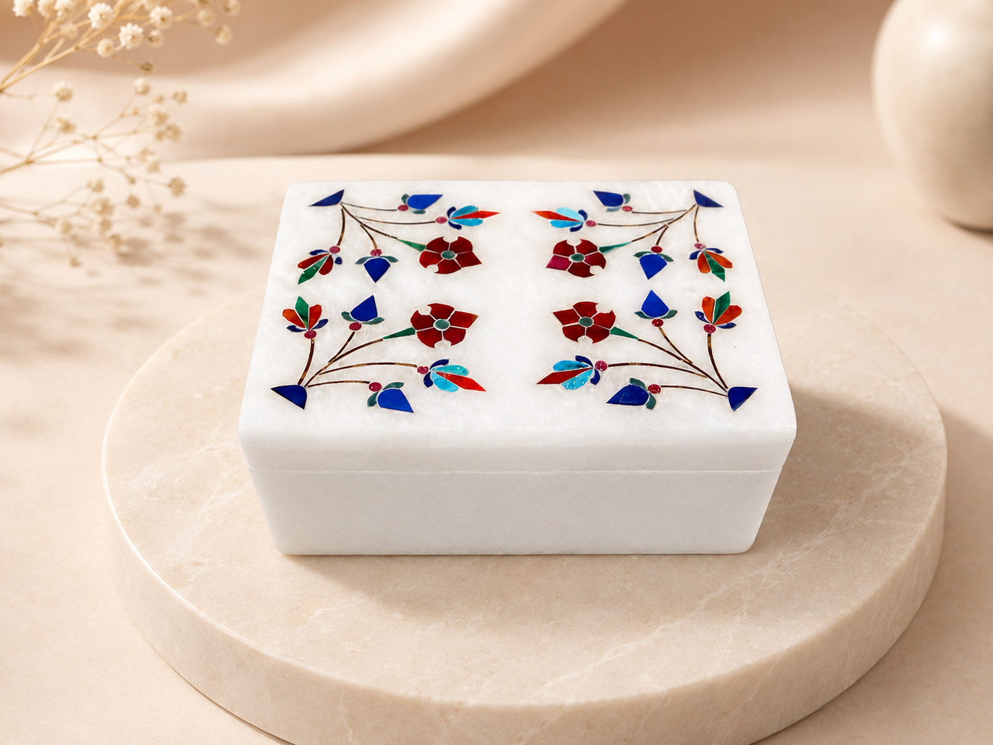 Handcrafted Alabaster Jewelry Box – Multicolor Floral Inlay Keepsake Box