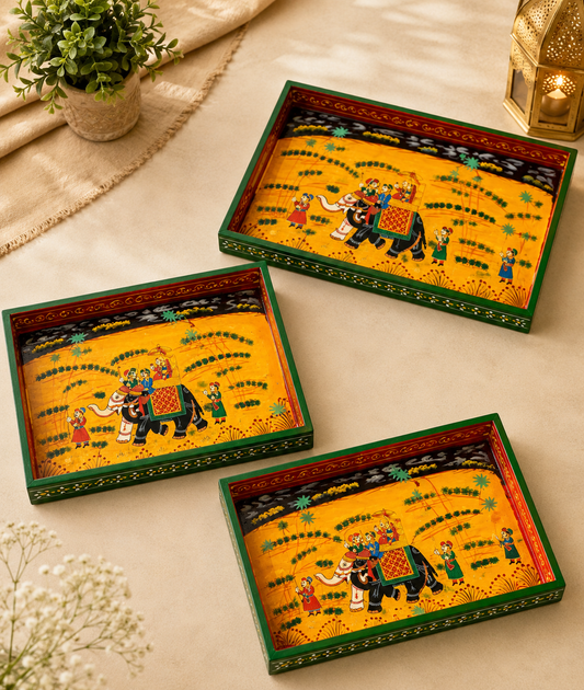 Hand-Painted Wooden Tray Set of 3 – Indian Elephant Art Decorative Serving Trays