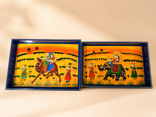 Hand-Painted Wooden Tray Set of 2 – Indian Camel & Elephant Art Serving Trays