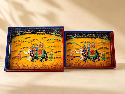 Hand-Painted Wooden Tray Set of 2 – Indian Elephant Art Decorative Serving Trays