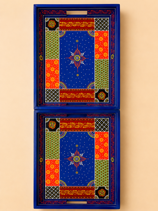 Hand-Painted Wooden Tray Set of 2 – Blue Patchwork Art Decorative Serving Trays