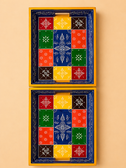 Hand-Painted Wooden Tray Set of 2 – Blue & Yellow Patchwork Serving Trays
