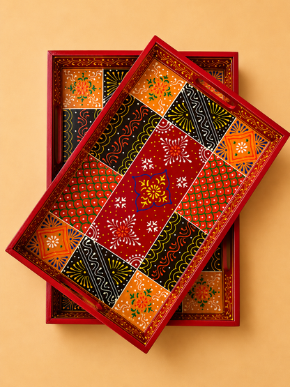 Hand-Painted Wooden Tray Set of 2 – Red Patchwork Art Decorative Serving Trays