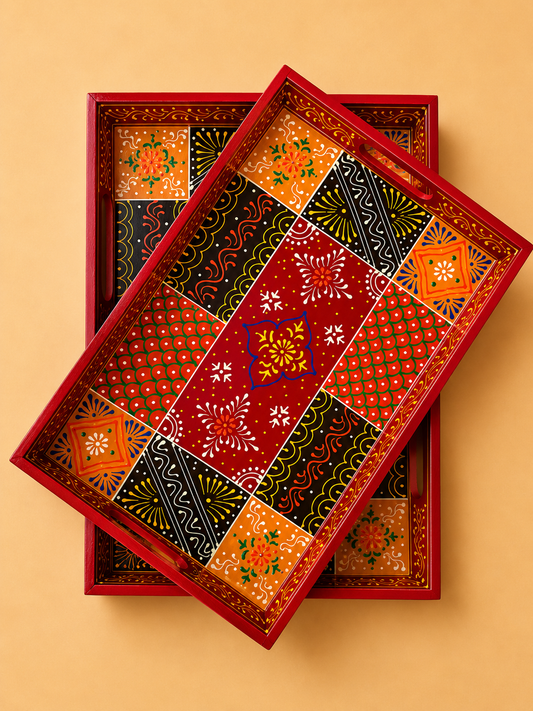 Hand-Painted Wooden Tray Set of 2 – Red Patchwork Art Decorative Serving Trays