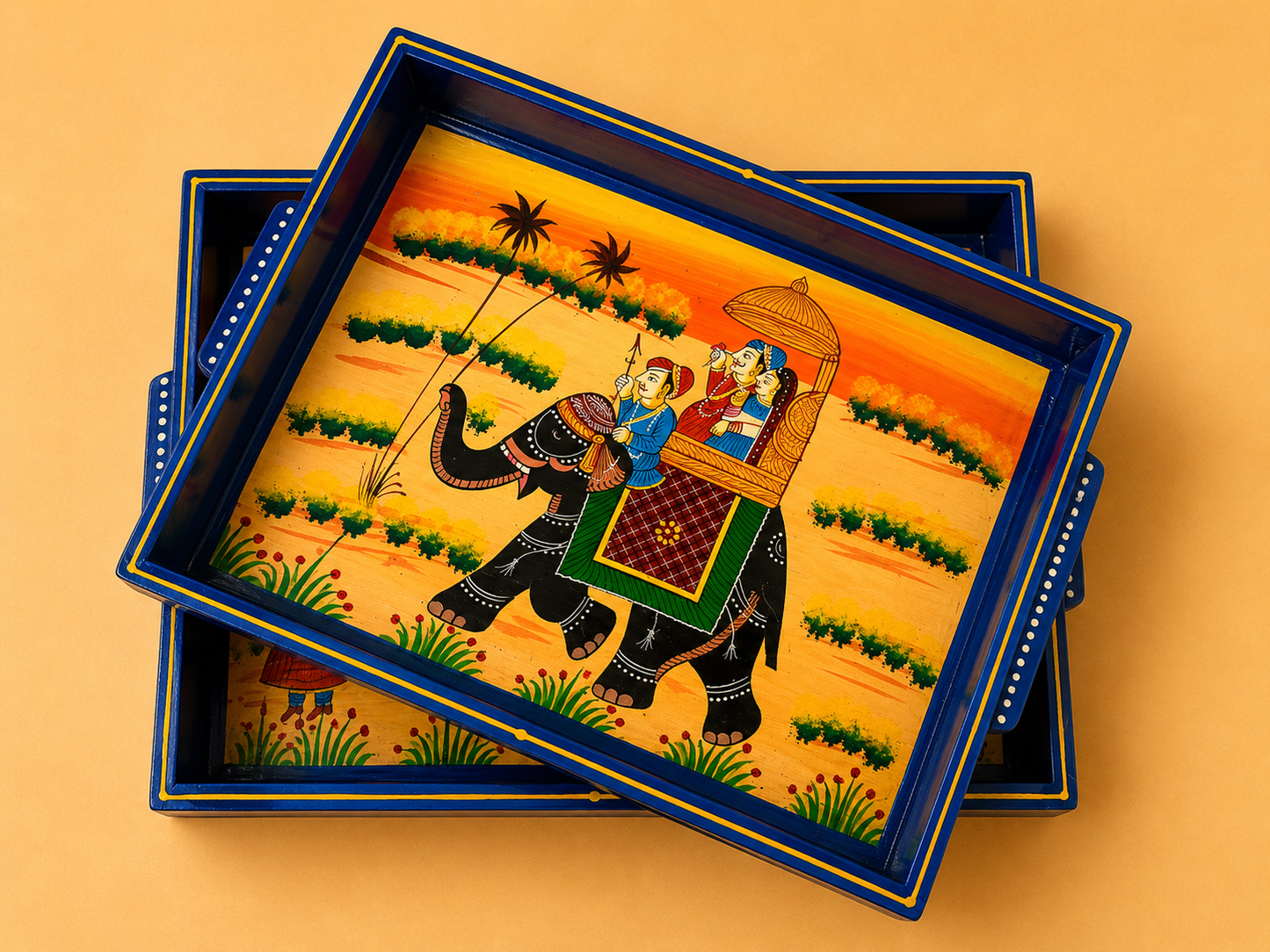 Hand-Painted Wooden Tray Set of 2 – Blue Elephant Procession Serving Trays