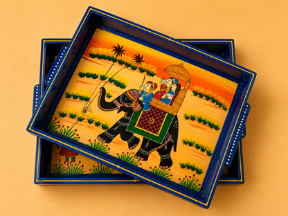 Hand-Painted Wooden Tray Set of 2 – Blue Elephant Procession Serving Trays