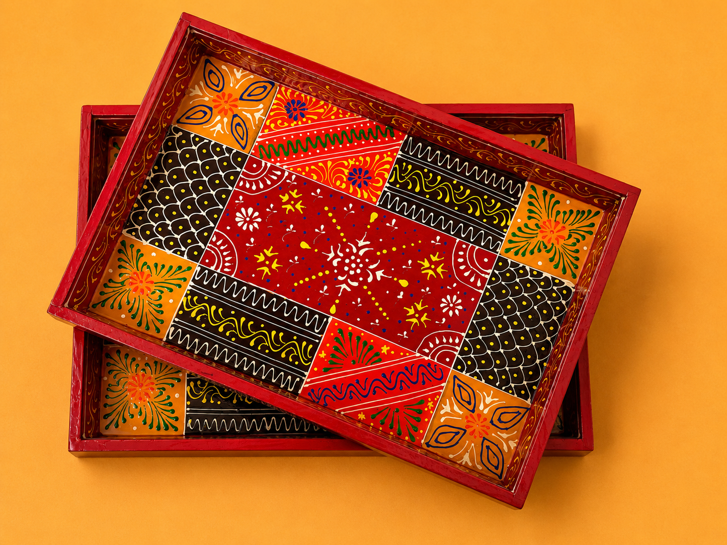 Hand-Painted Wooden Tray Set of 2 – Red Folk Art Decorative Serving Trays