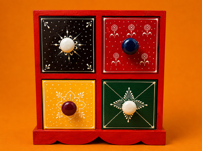 Hand-Painted Wooden 4-Drawer Jewelry Chest – Indian Folk Art Organizer