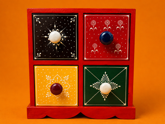Hand-Painted Wooden 4-Drawer Jewelry Chest – Indian Folk Art Organizer