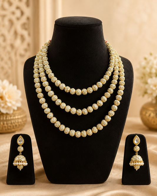 Handmade Kundan-Style Pearl Bead Jewelry Set – Necklace & Traditional Drop Earrings