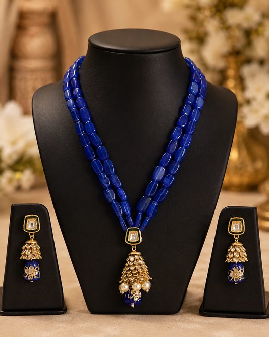 Handmade Patwa Stone Bead Jewelry Set – Indian Bell Pendant Necklace & Earrings