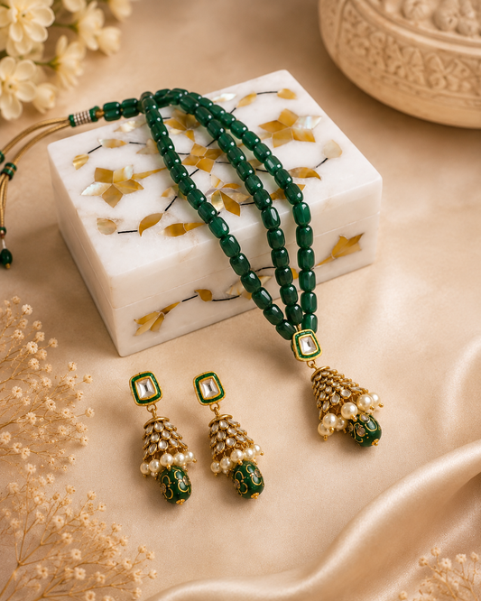 Alabaster Jewelry Box & Handmade Patwa Jewelry Gift Set – Green