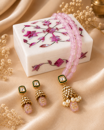 Alabaster Jewelry Box & Handmade Patwa Jewelry Gift Set – Pink