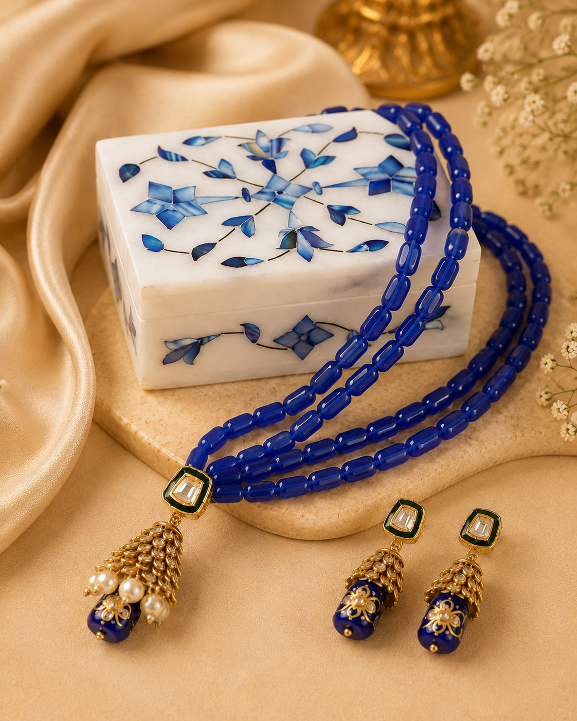 Alabaster Jewelry Box & Handmade Patwa Jewelry Gift Set – Royal Blue