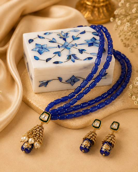Alabaster Jewelry Box & Handmade Patwa Jewelry Gift Set – Royal Blue
