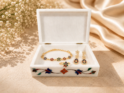 Large Handcrafted Alabaster Jewelry Box – 6×4 Multicolor Floral Inlay Keepsake Box