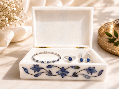 Large Handcrafted Alabaster Jewelry Box – 6×4 Blue Floral Inlay Keepsake Box
